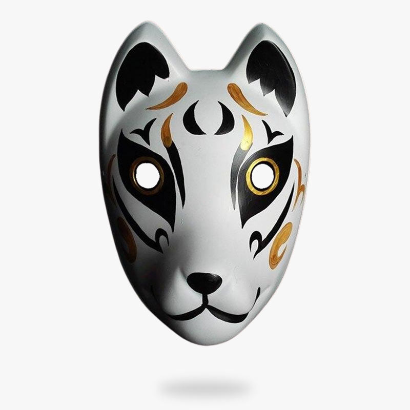Von einem Kunsthandwerker bemalte Kitsune Maske in Schwarz und Gold aus Fiberglas