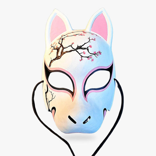 Traditionelle Kitsune Maske aus Fiberglas in Weiß mit Sakura Motiv