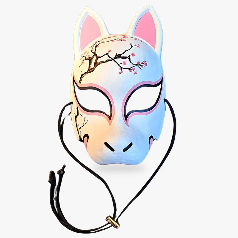 Kitsune Maske mit schwarzem Sakura Blütenmuster auf Fiberglas