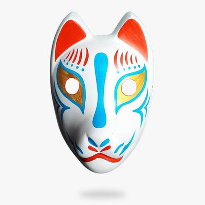 Von einem Kunsthandwerker bemalte Kitsune Fuchsmaske aus Fiberglas in Blau und Orange für Cosplay