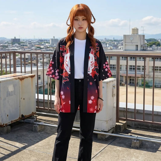 Kitsune Sakura Kimono Jacke auf Dachterrasse mit geöffneten Ärmeln und Print