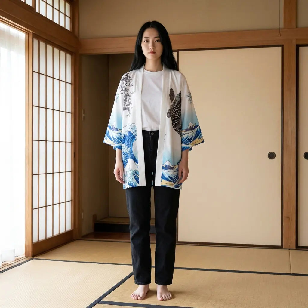 Koi Fisch Kimono in Weiß und Blau mit Wellenmotiv, getragen in einem Tatami-Raum