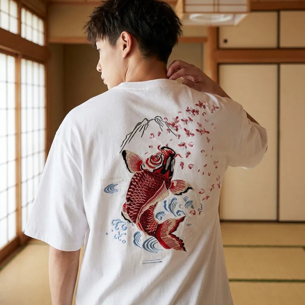 Detailansicht des Koi-Karpfen-Motivs auf dem weißen Shirt