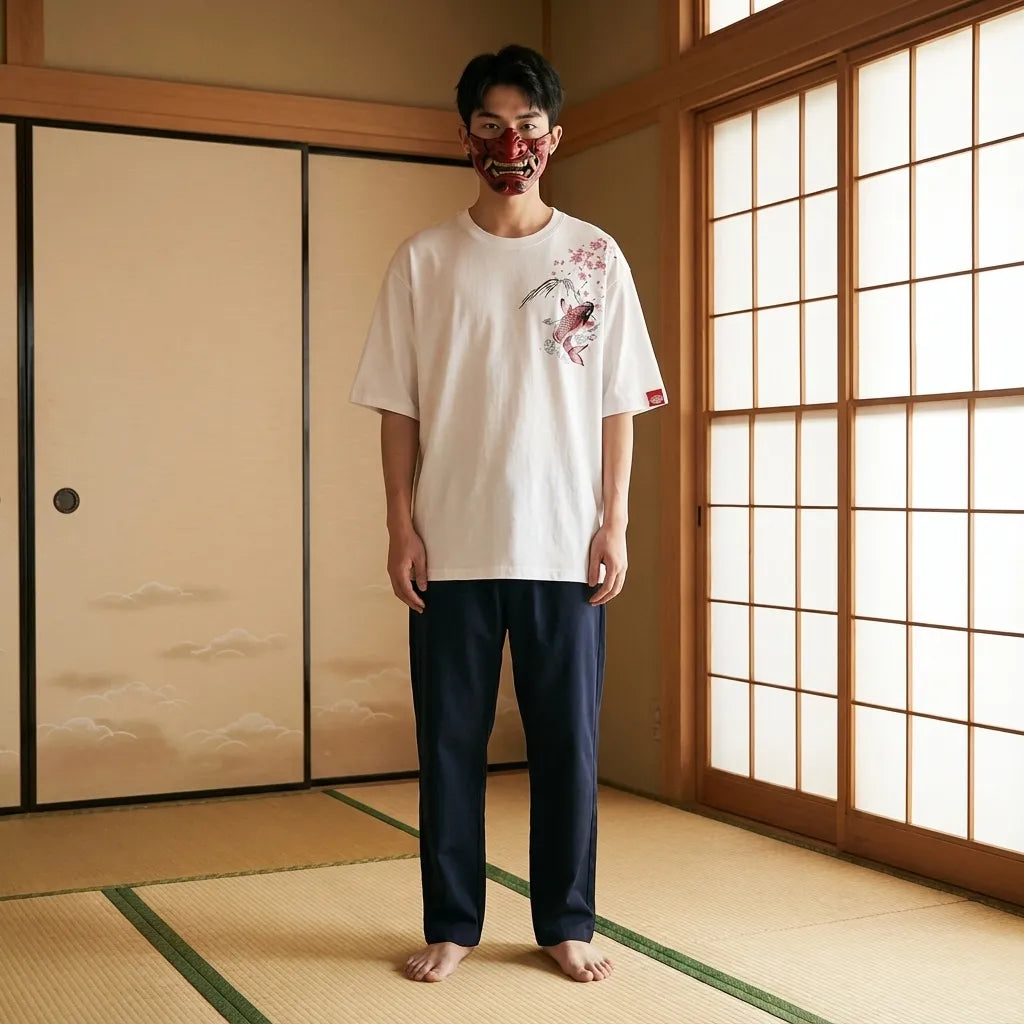 Koi Shirt weiß mit Karpfen-Print auf der Vorderseite