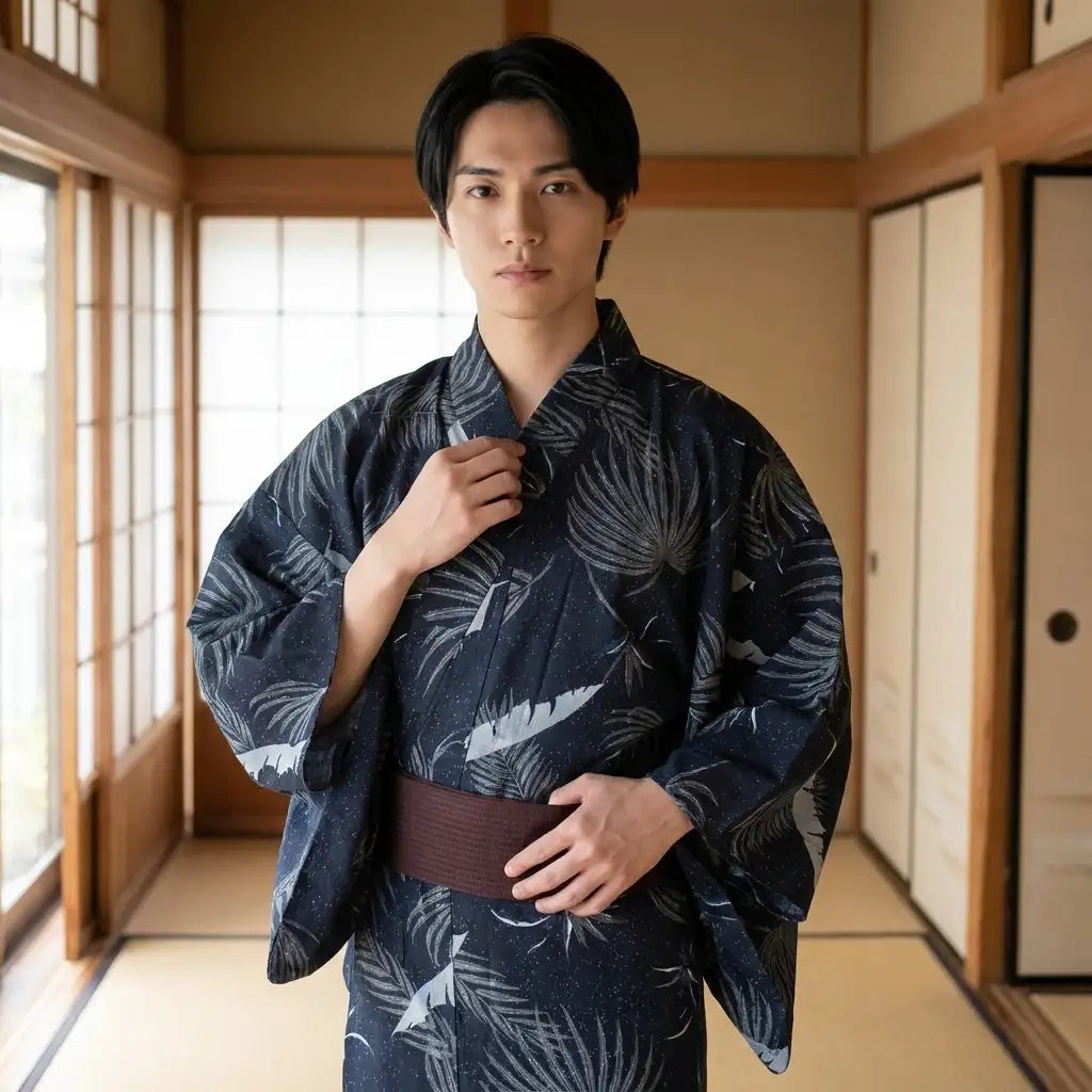 Detailansicht des Kranich Kimono Herren mit Stoffmuster
