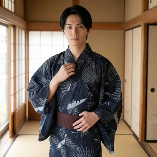 Detailansicht des Kranich Kimono Herren mit Stoffmuster