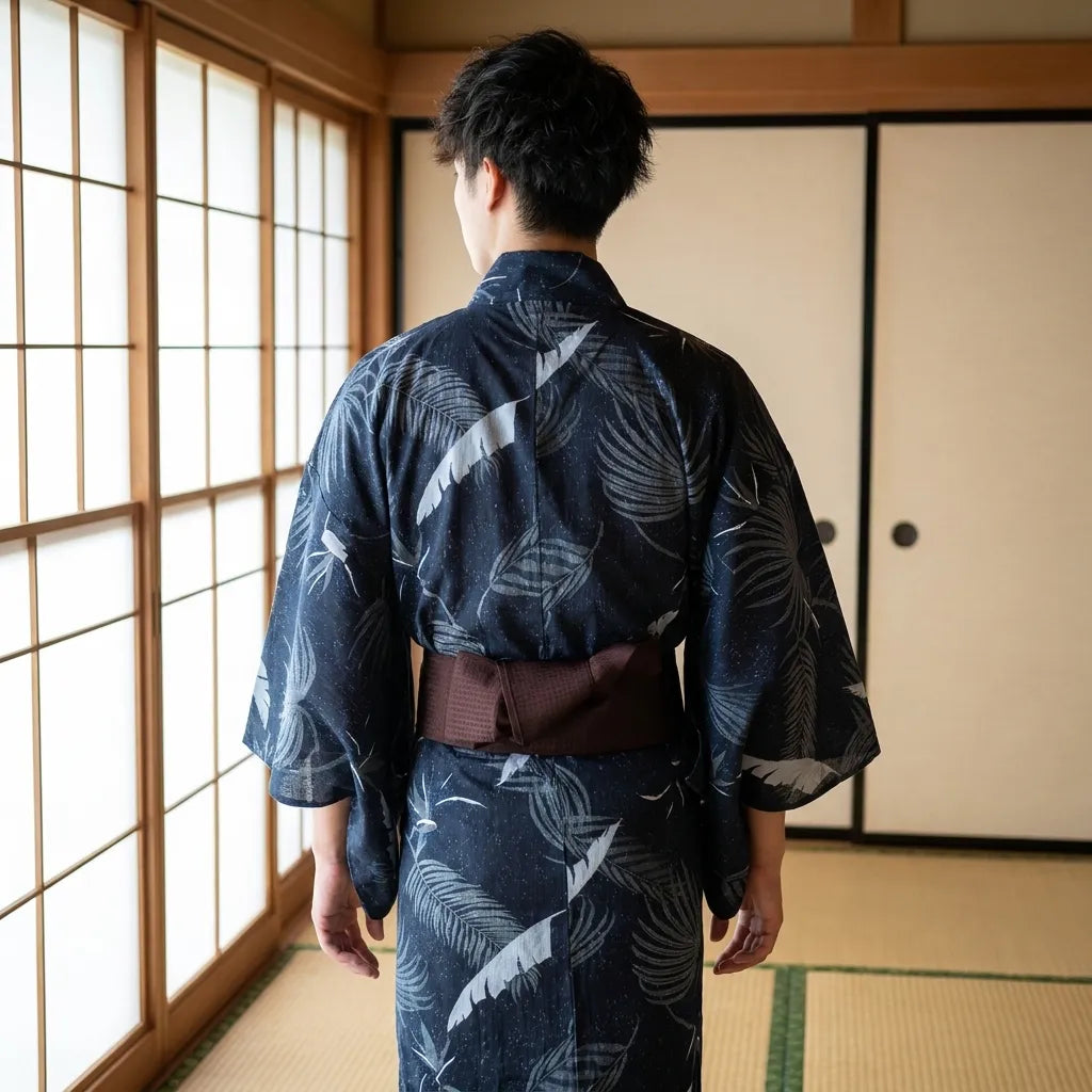 Rückansicht des Kranich Kimono Herren mit Kranich-Motiv