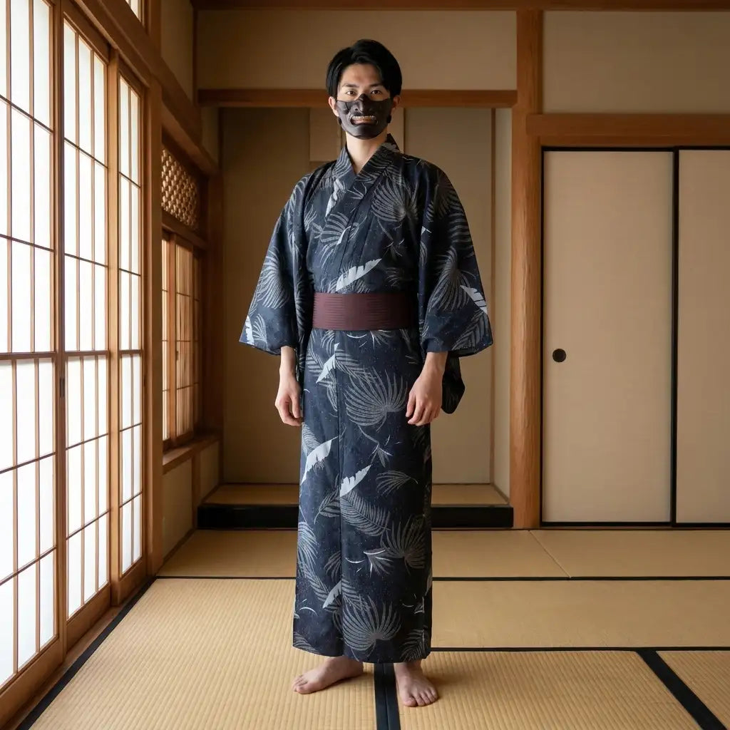 Kranich Kimono Herren in der Vorderansicht mit weiten Ärmeln