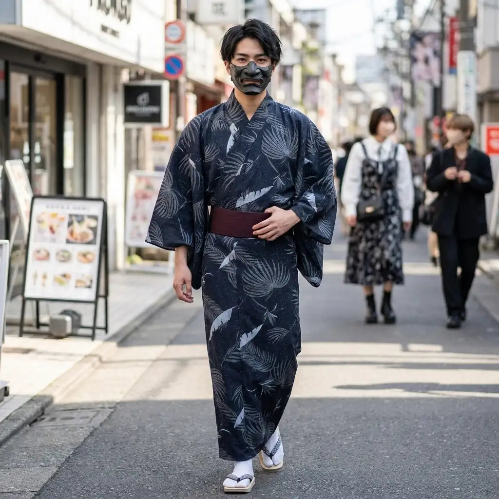 Kranich Kimono Herren getragen mit dunkler Hose kombiniert