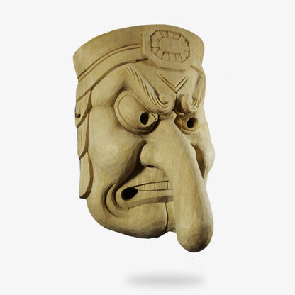 Kyogen Maske des Tengu aus Fiberglas mit langer Nase und zornigem Ausdruck