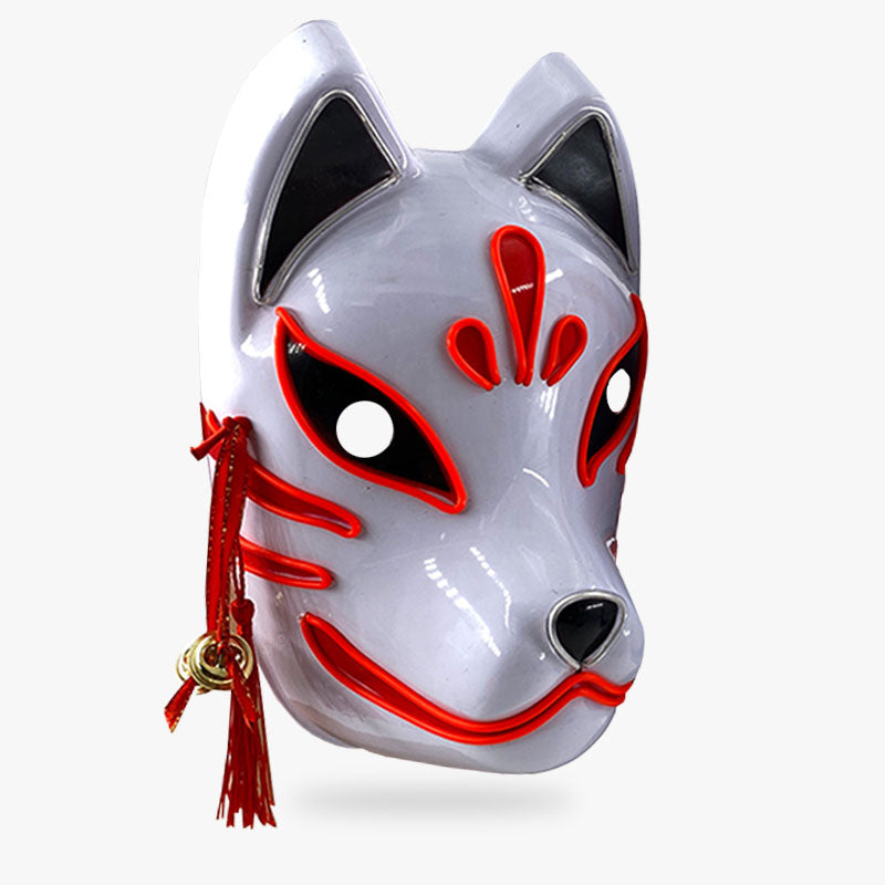 Weiß-rote Kitsune Maske mit LED-Licht und Fuchsgeist-Motiv für Cosplay