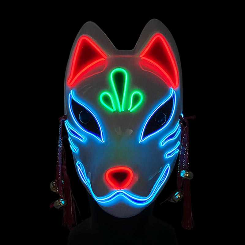Kitsune LED Maske mit blauem Leuchteffekt für Cosplay und Deko