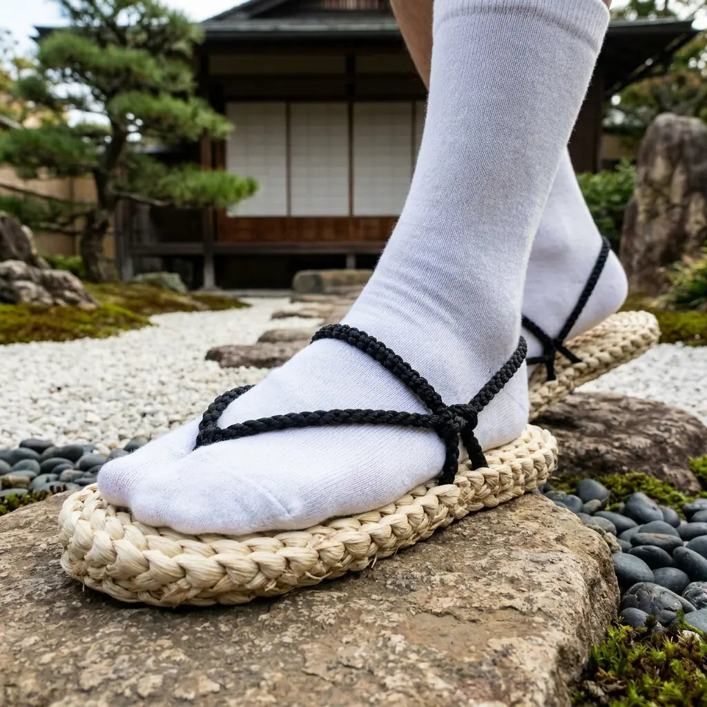 Nahaufnahme von oben auf geflochtene Luffy Sandalen mit Riemen