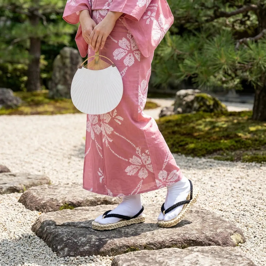 Luffy Sandalen kombiniert mit rosa Kimono im japanischen Garten