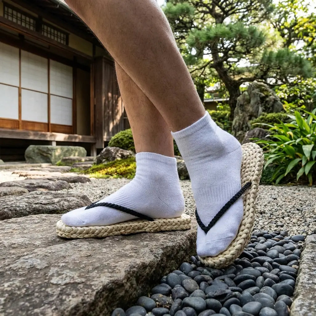 Luffy Sandalen mit weißen Tabi Socken in dreiviertel Seitenansicht getragen