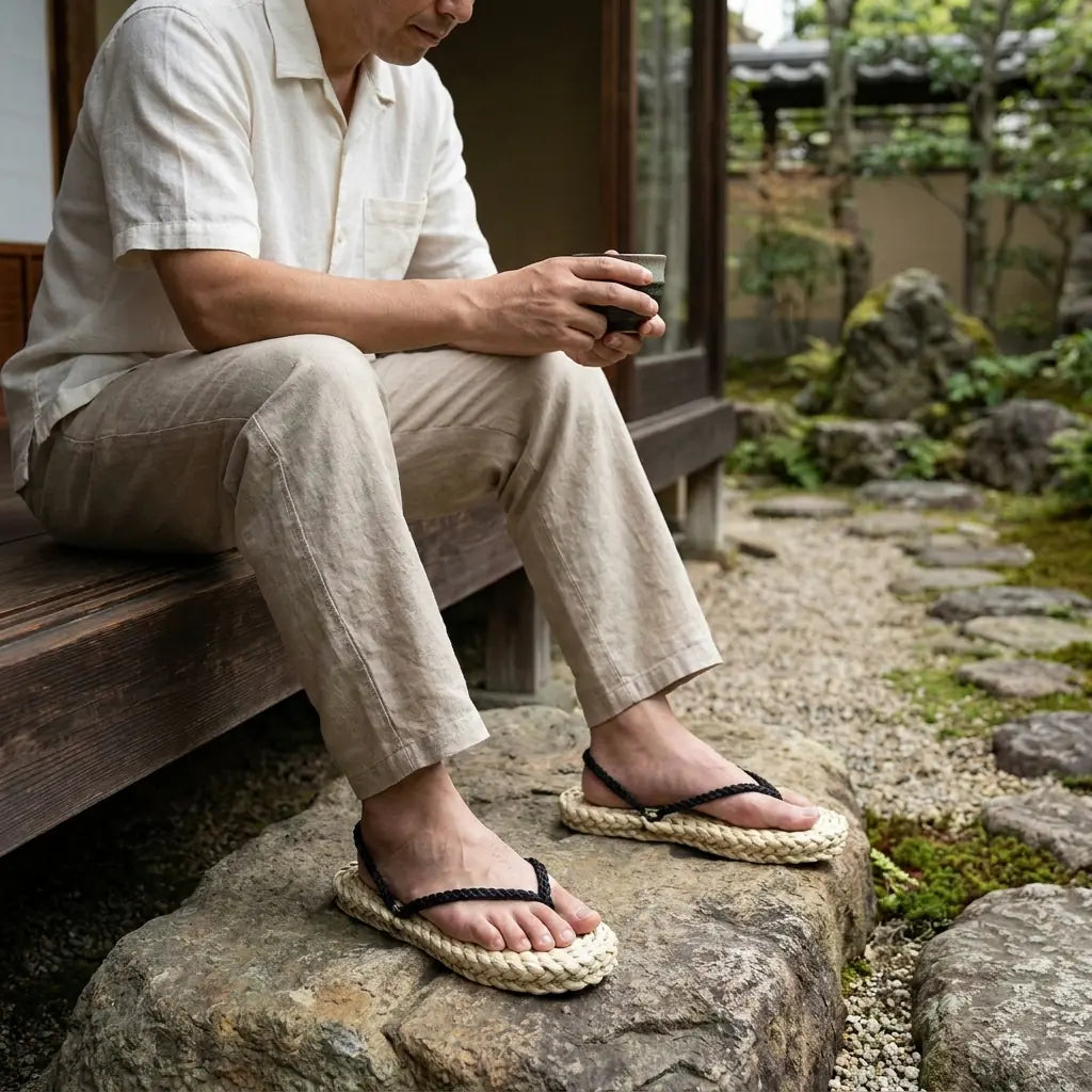 Mann trägt Luffy Sandalen mit weißen Tabi Socken sitzend im japanischen Gartenstil