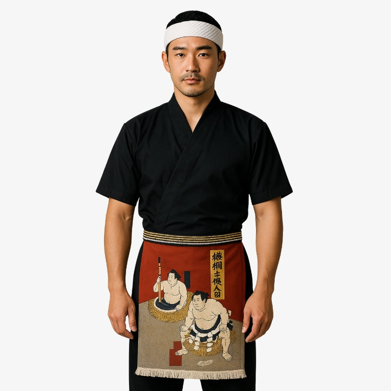 Maekake japanische Schürze mit Sumo-Motiv aus robuster Baumwolle für die Küche