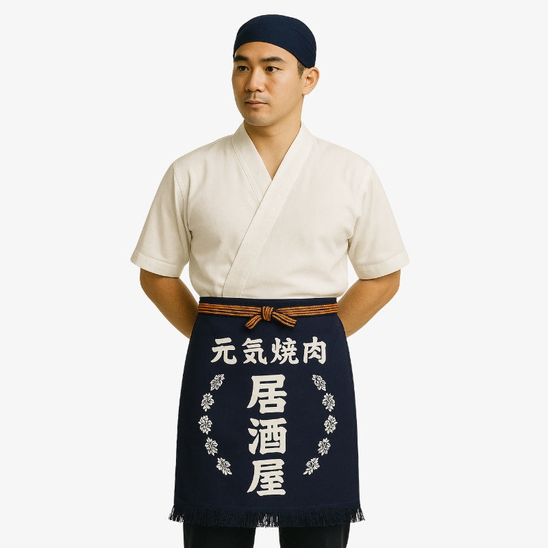 Maekake Schürze aus dunkelblauer Baumwolle mit weißem Kanji-Motiv für die Küche
