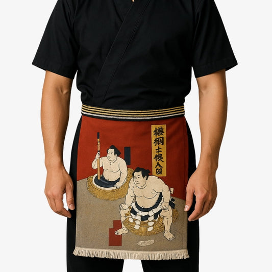 Dunkelblaue Maekake Schürze aus Baumwolle mit traditionellem Sumo-Motiv