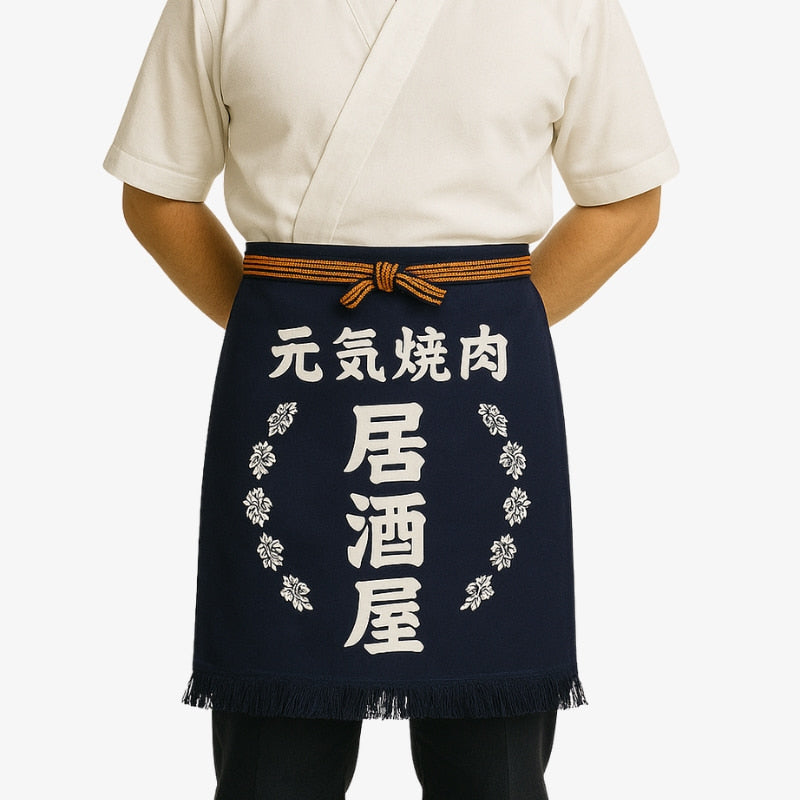 Traditionelle Maekake Schürze aus strapazierfähiger Baumwolle mit Kanji-Aufdruck für Handwerker
