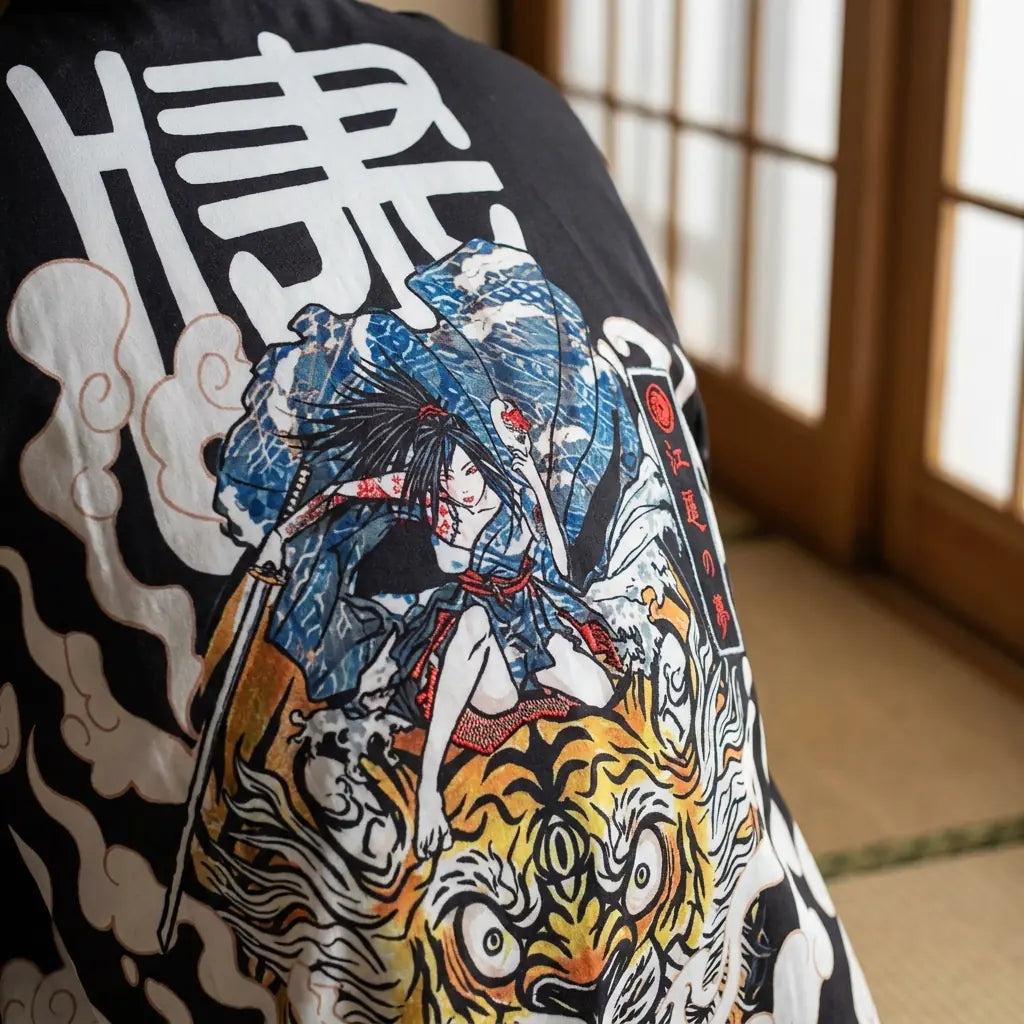 Nahaufnahme des bedruckten Rückenmotivs der Manga Kimono Haori Jacke
