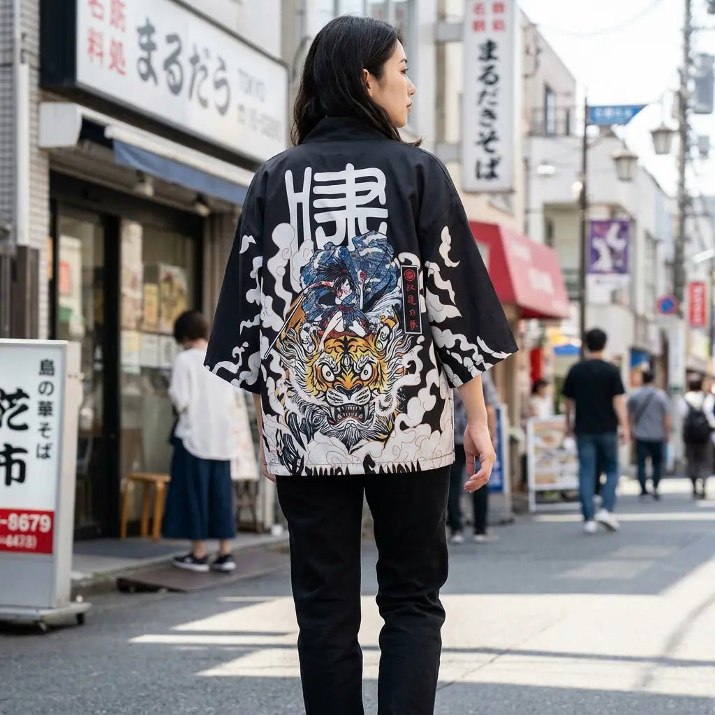 Frau von hinten in Manga Kimono Haori Jacke auf einer Harajuku Straße