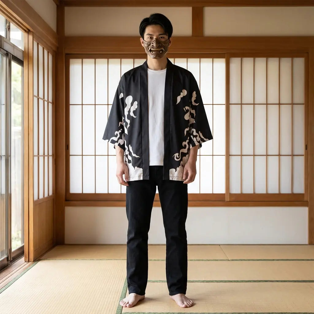 Mann trägt Manga Kimono Haori Jacke in traditionellem Washitsu-Raum mit Shoji-Schiebetüren