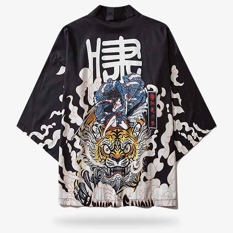 Schwarze Manga Kimono Haori Jacke mit Print einer Kriegerin auf einem Tigerdämon