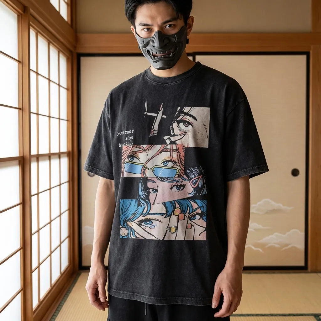 Schwarzes Manga T-Shirt mit Anime-Augen Print von vorne