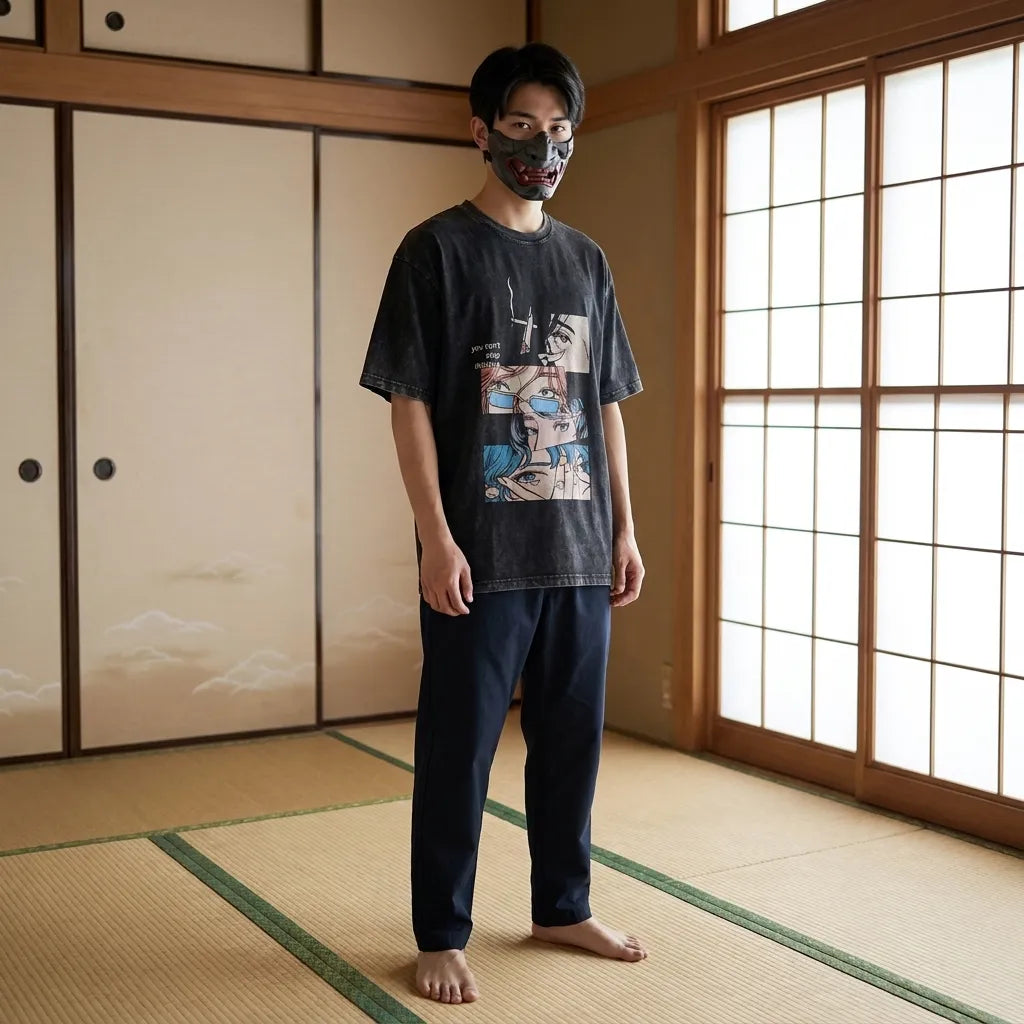 Manga T-Shirt aus schwerer Baumwolle mit Siebdruck Motiv