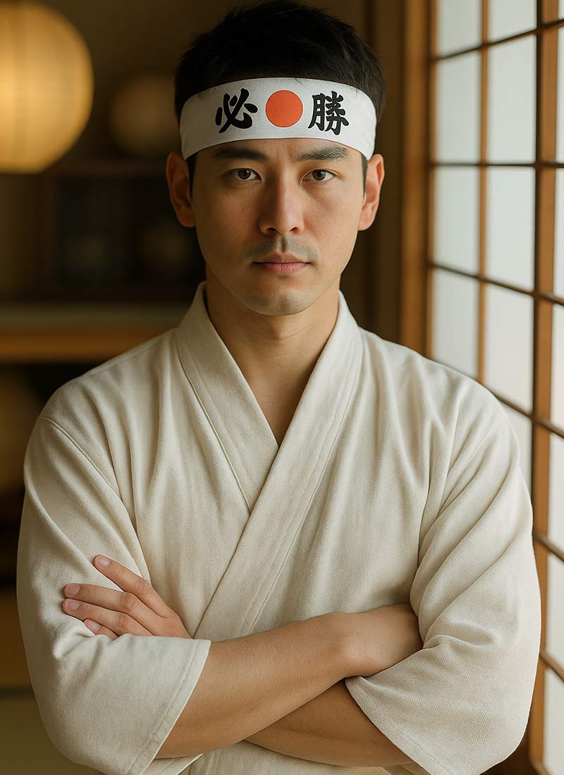 Mann trägt weißen Kimono und Hachimaki Stirnband Hissho in traditionellem japanischem Wohnraum
