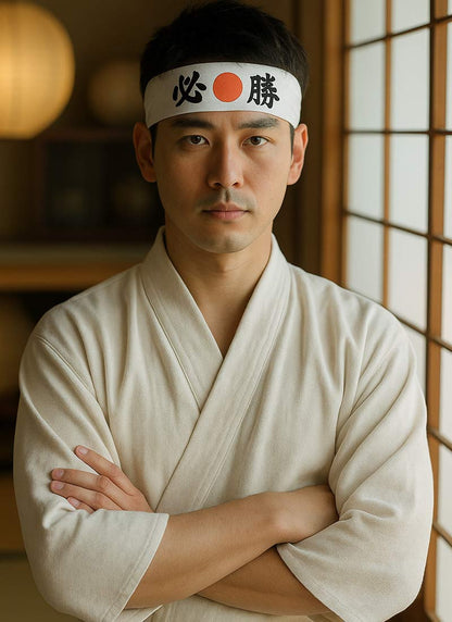 Mann trägt weißen Kimono und Hachimaki Stirnband Hissho in traditionellem japanischem Wohnraum