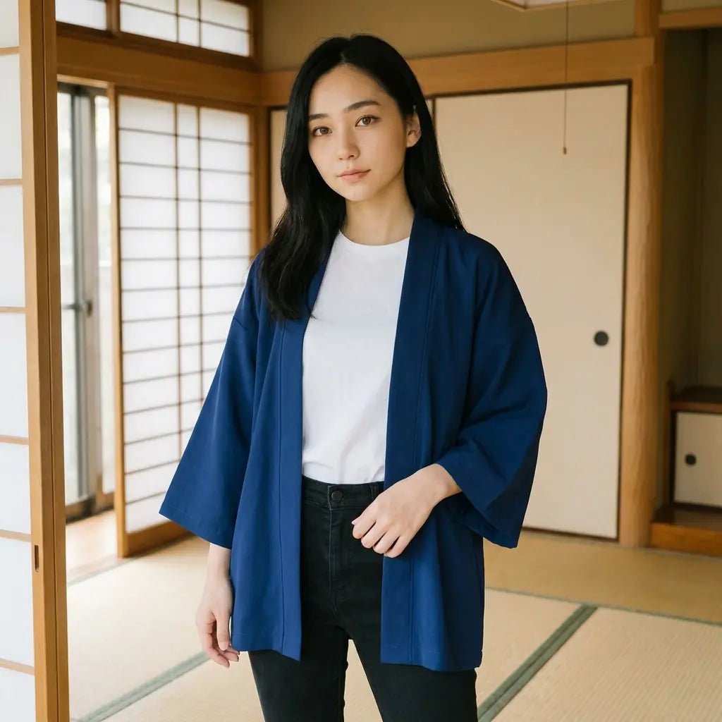 Marineblaue Kimono-Jacke für Damen von vorne, getragen über Alltagskleidung vor Shoji-Wänden.