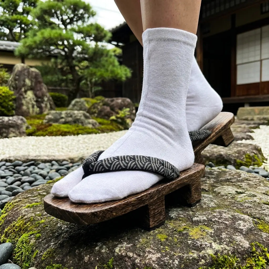Nahaufnahme des marineblauen Hanao-Riemens mit weißem Seigaiha-Wellenmuster