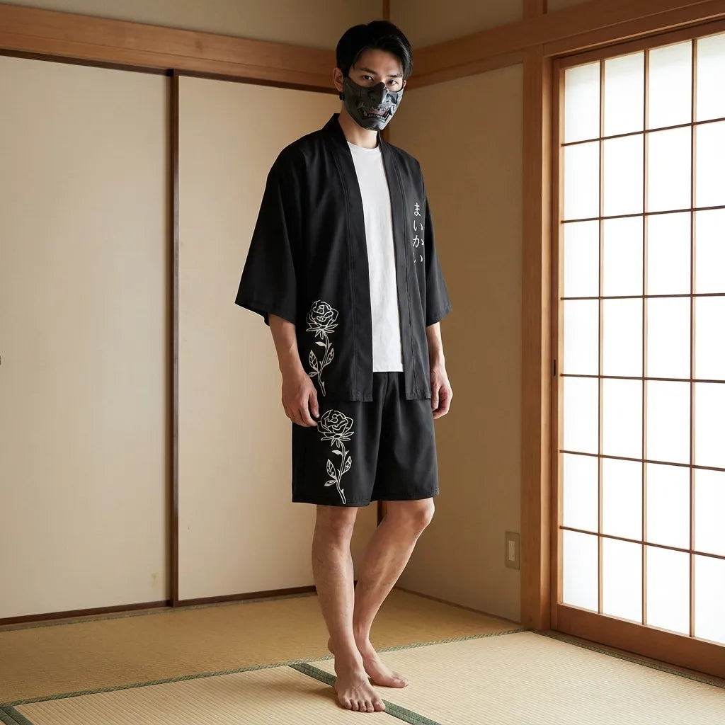 Matsuri Kimono Set mit offener Haori-Jacke von vorne getragen