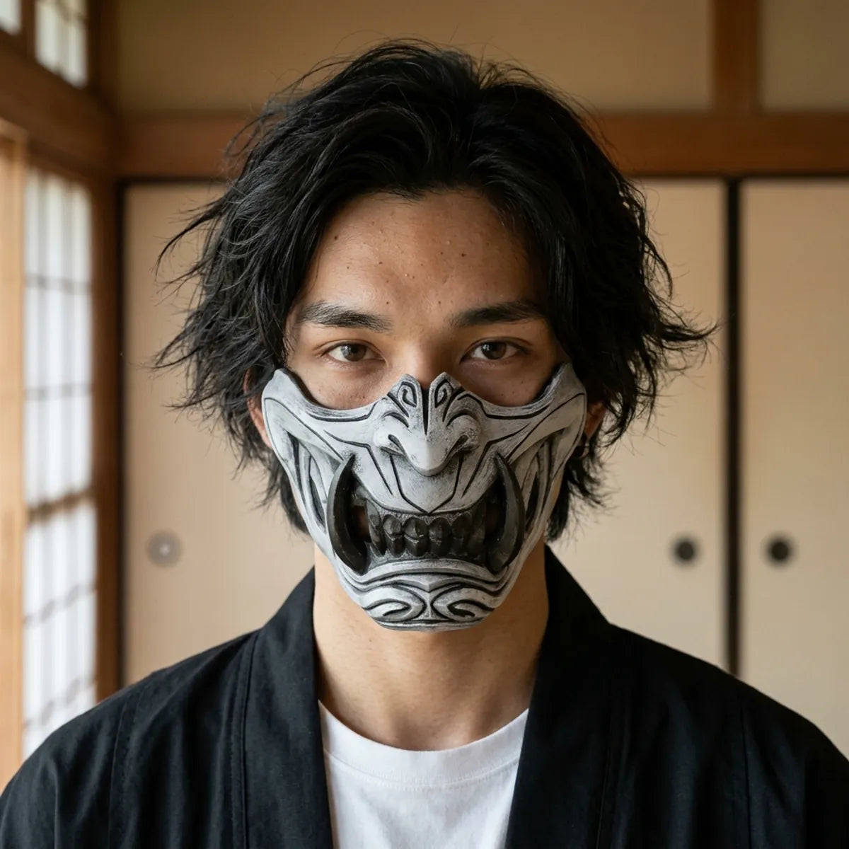 Nahaufnahme der Menpo Samurai Maske in einem Tatami-Raum mit bemalten Details