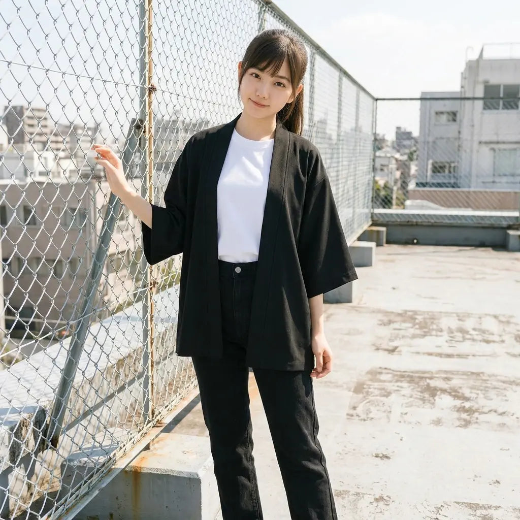 Minimalistische Haori-Jacke Damen als Overlay fotografiert auf einem Dach vor einem Maschendrahtzaun