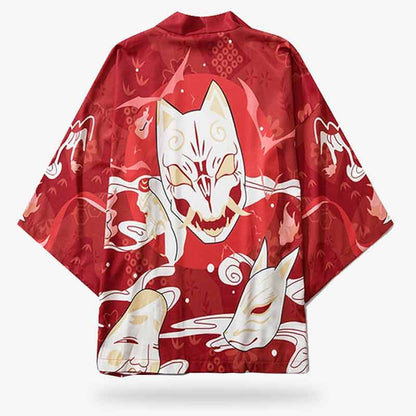 Moderne Kimono Jacke Damen mit japanischem Kitsune Fuchsmasken Print im zeitgenössischen Stil