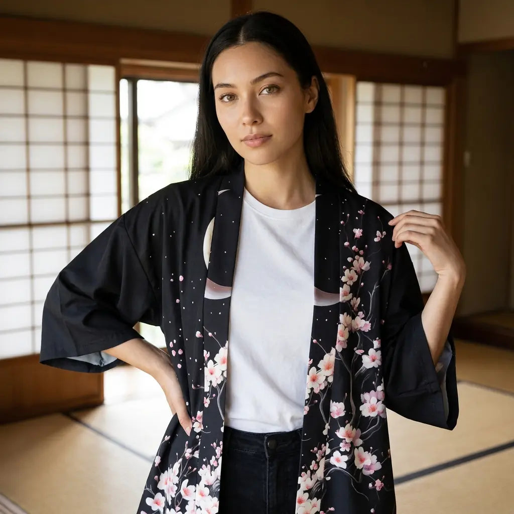 Nahaufnahme der Sakura Kimono Jacke mit Blüten und schmalem Mondmotiv auf schwarzem Stoff
