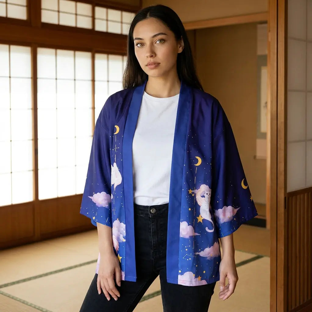 Kimono-Jacke von vorne mit aufgedrucktem Halbmond am Ärmel
