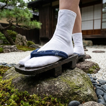 Nahaufnahme des marineblauen Hanao Riemens mit weißem Muster an Geta Sandalen