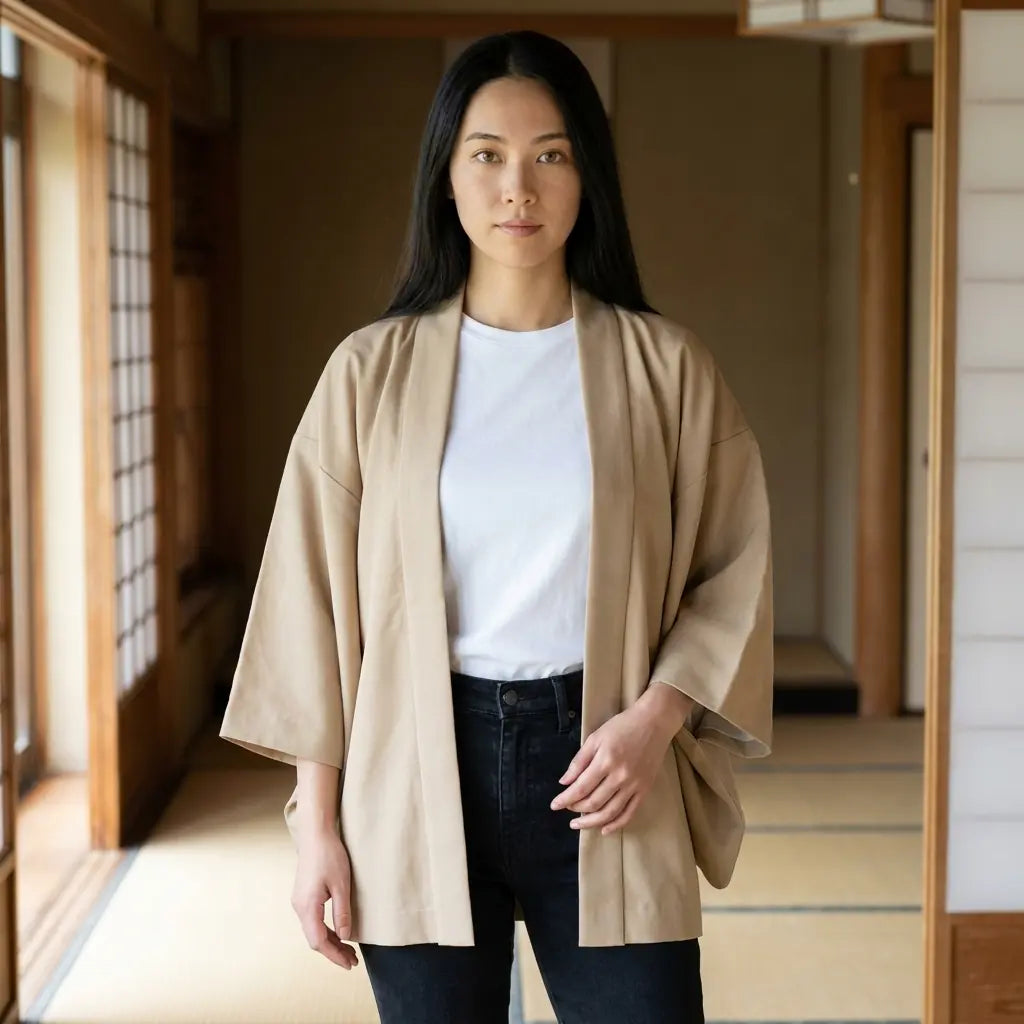Neutrale Kimono Jacken Damen von vorne vor einer Dachterrassen-Skyline