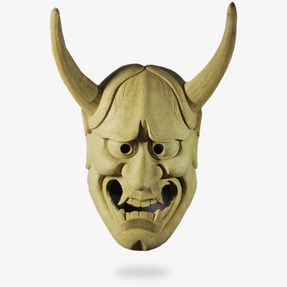Noh Hannya Maske mit Dämonengesicht, scharfen Hörnern und Fangzähnen