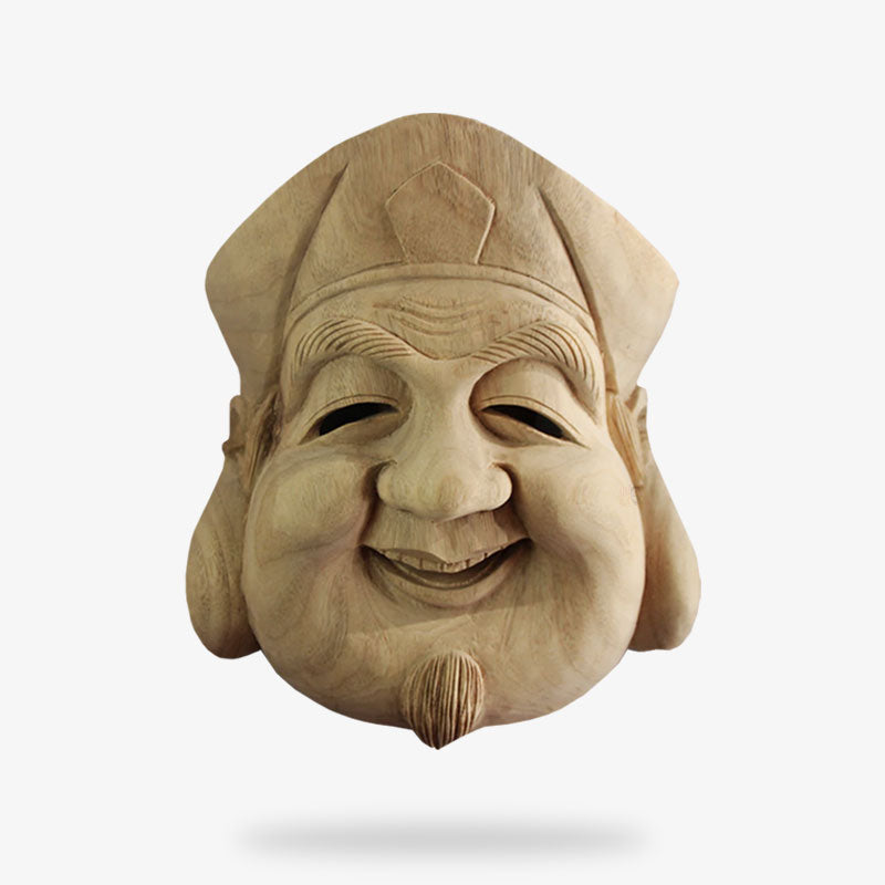 Von einem Kunsthandwerker gefertigte Noh Maske aus Fiberglas mit dem Gesicht eines lachenden alten Mannes
