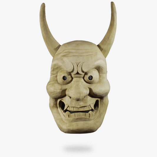 Von einem Kunsthandwerker gefertigte Noh Maske Oni mit Hörnern und Reißzähnen