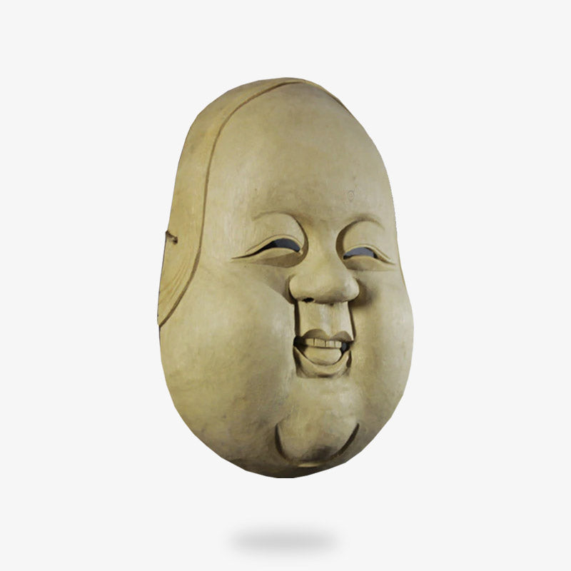 Von einem Kunsthandwerker gefertigte Noh Maske Otoko aus Fiberglas mit lächelndem Gesicht