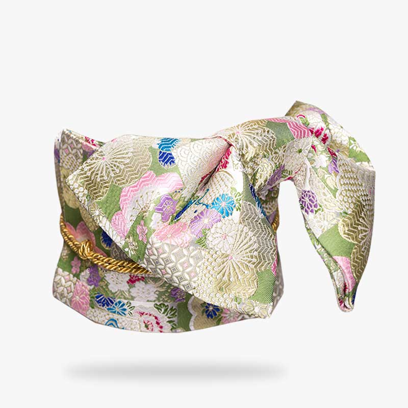 Bestickter Obi Gürtel aus Baumwolle mit grün-grauem Sakura-Muster