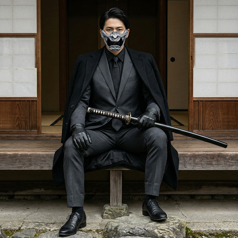 Person im dunklen Anzug mit Maske und Katana auf einer Treppe sitzend