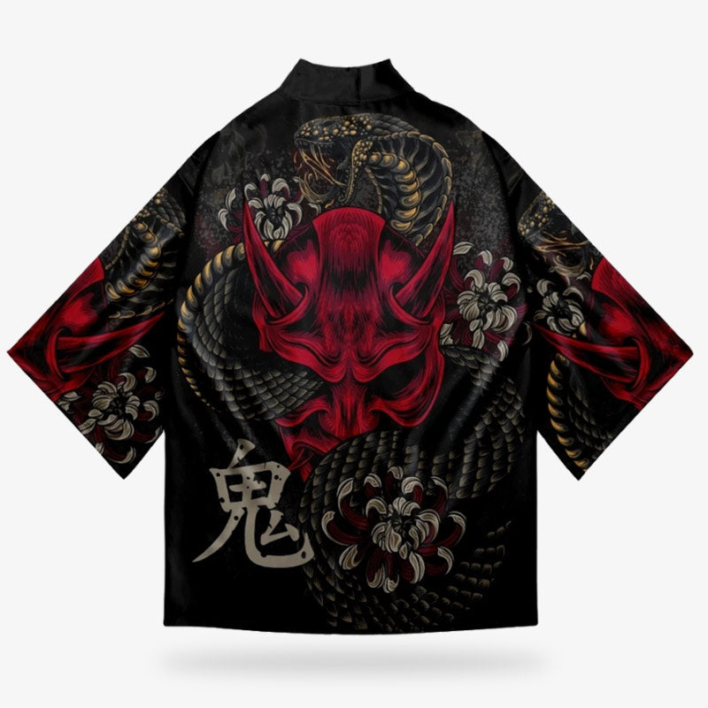 Schwarz-rote Yokai Kimono Haori Jacke mit Oni-Dämon und Schlangen Motiv