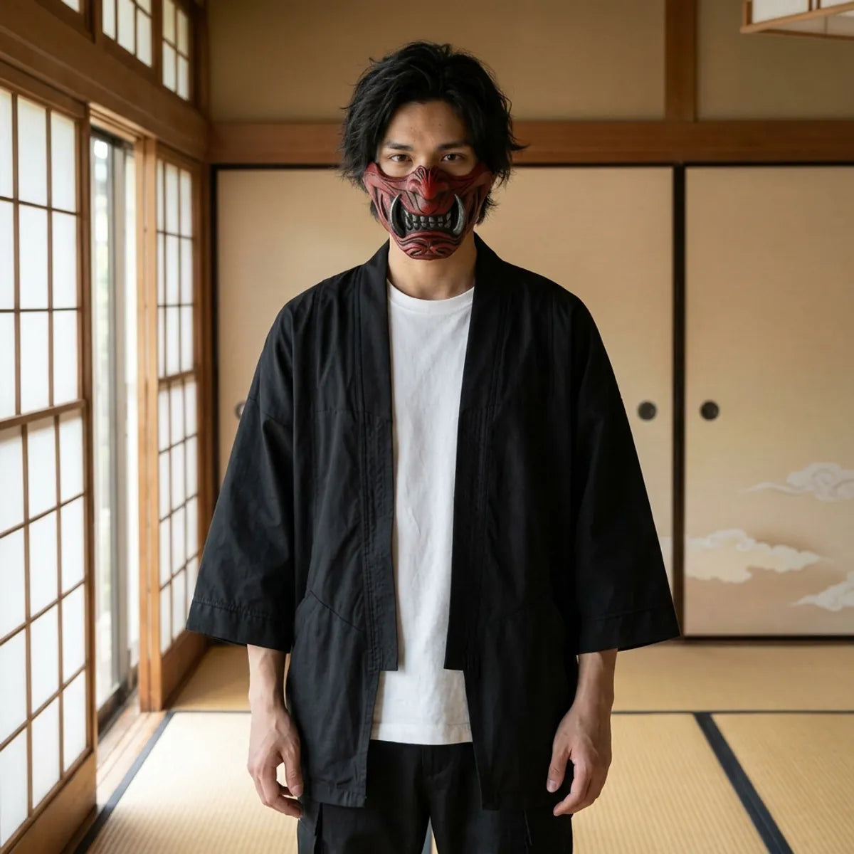 Rote Oni Halbmaske mit silbernen Reißzähnen, getragen in einem japanischen Tatami-Raum